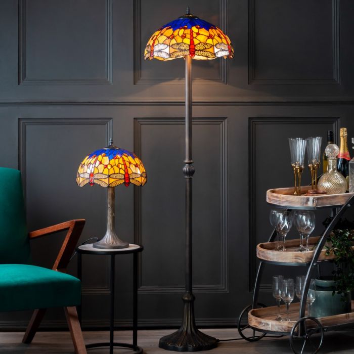 Tiffany by Tiff 2 Light 40cm Dragonfly Floor Lamp - Antique Brass